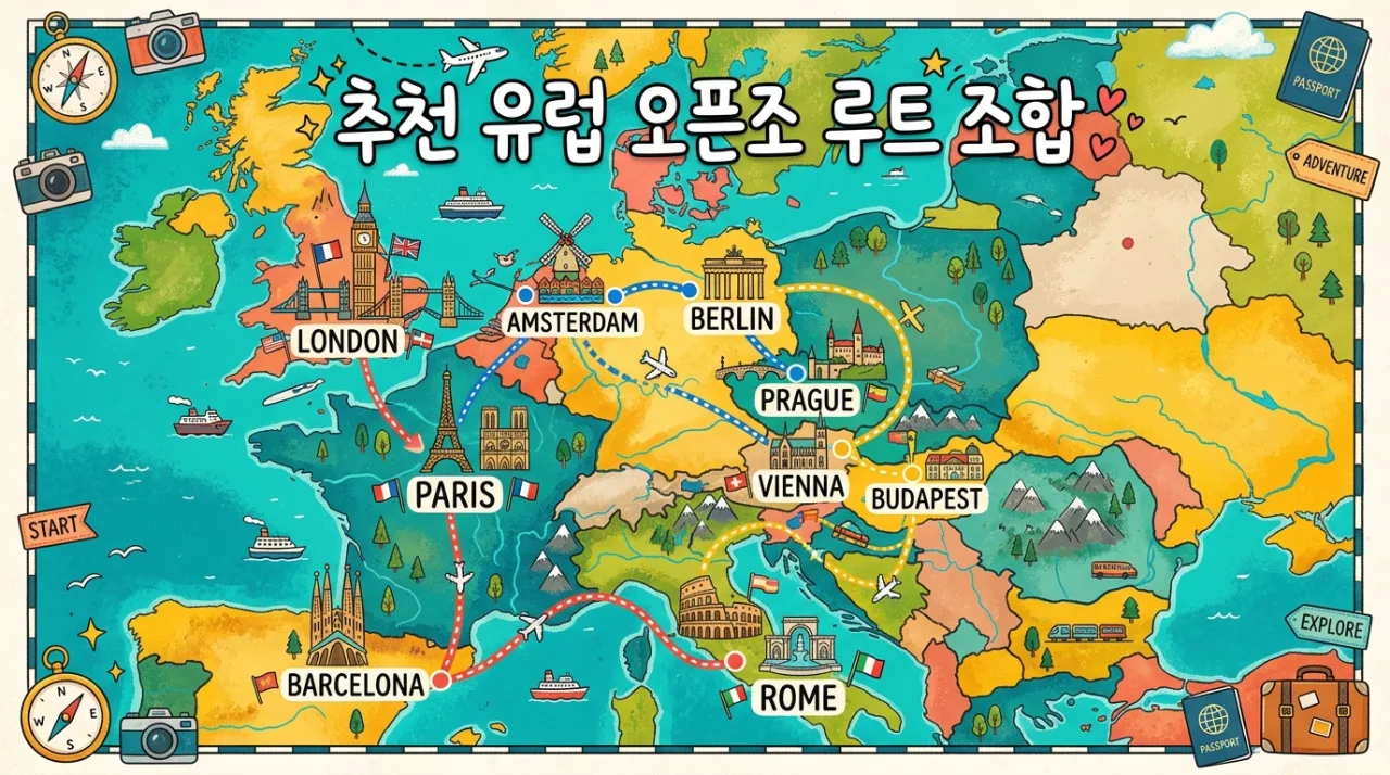 유럽 오픈조 여정 도시 조합 예시 파리-런던 입국 로마-바르셀로나 출국 루트