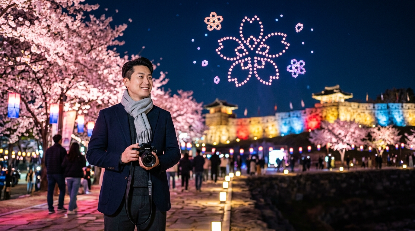 야간 벚꽃 축제 현장에서 촬영