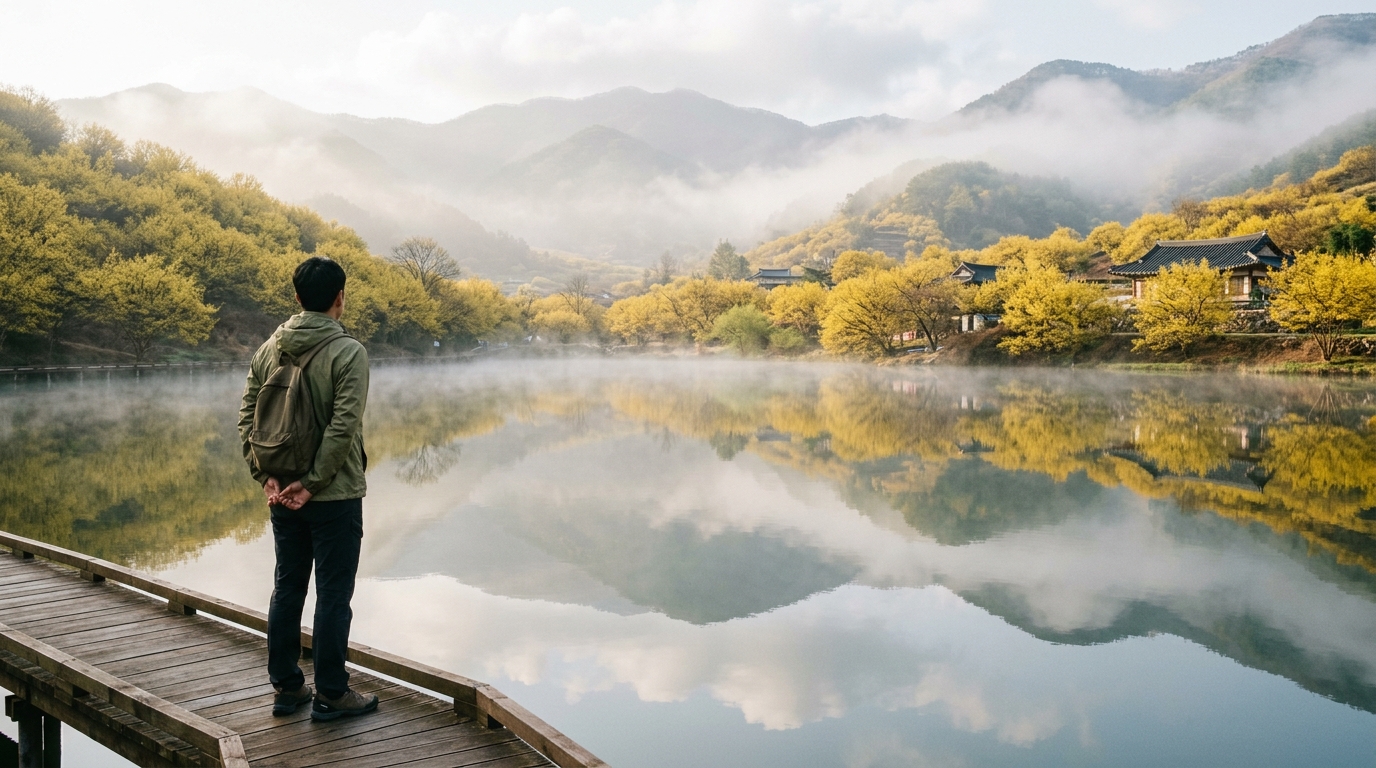 현천마을 저수지 수면에 비친 노란 산수유꽃