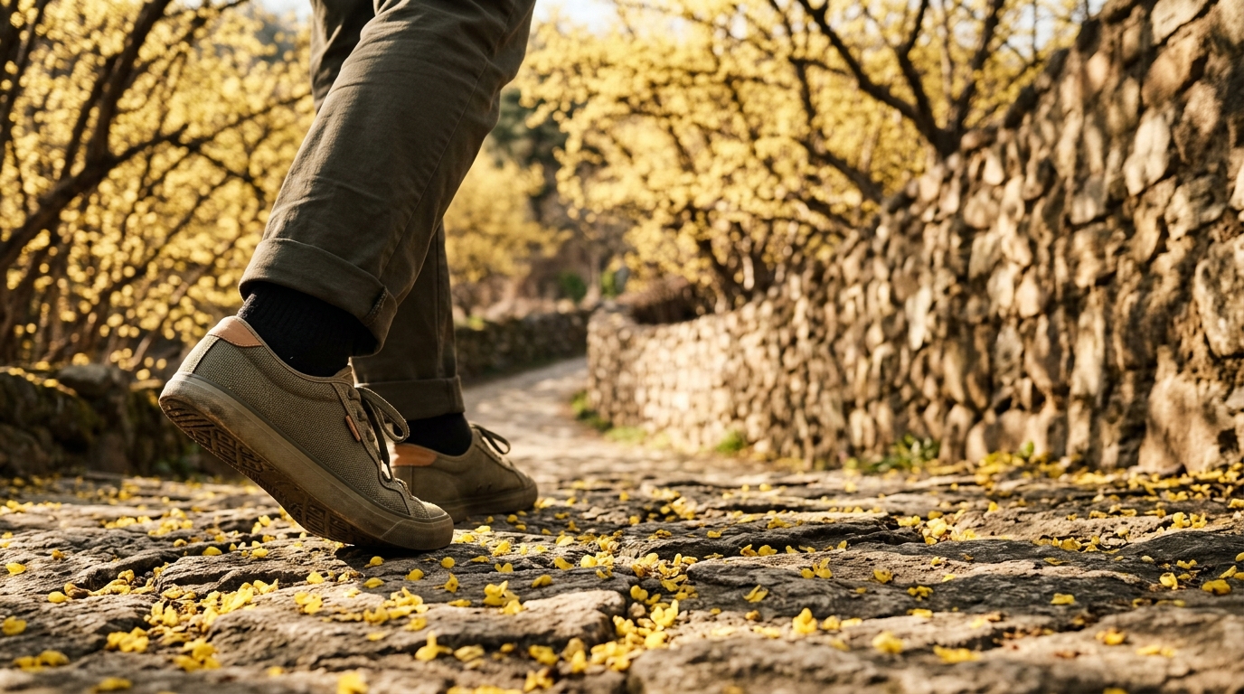 노란 산수유꽃잎이 흩뿌려진 돌담길을 걷는 발과 운동화