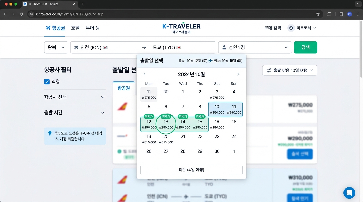 해외여행 항공권 가격 비교 사이트에서 3박 4일 최저가 일정을 검색하는 화면