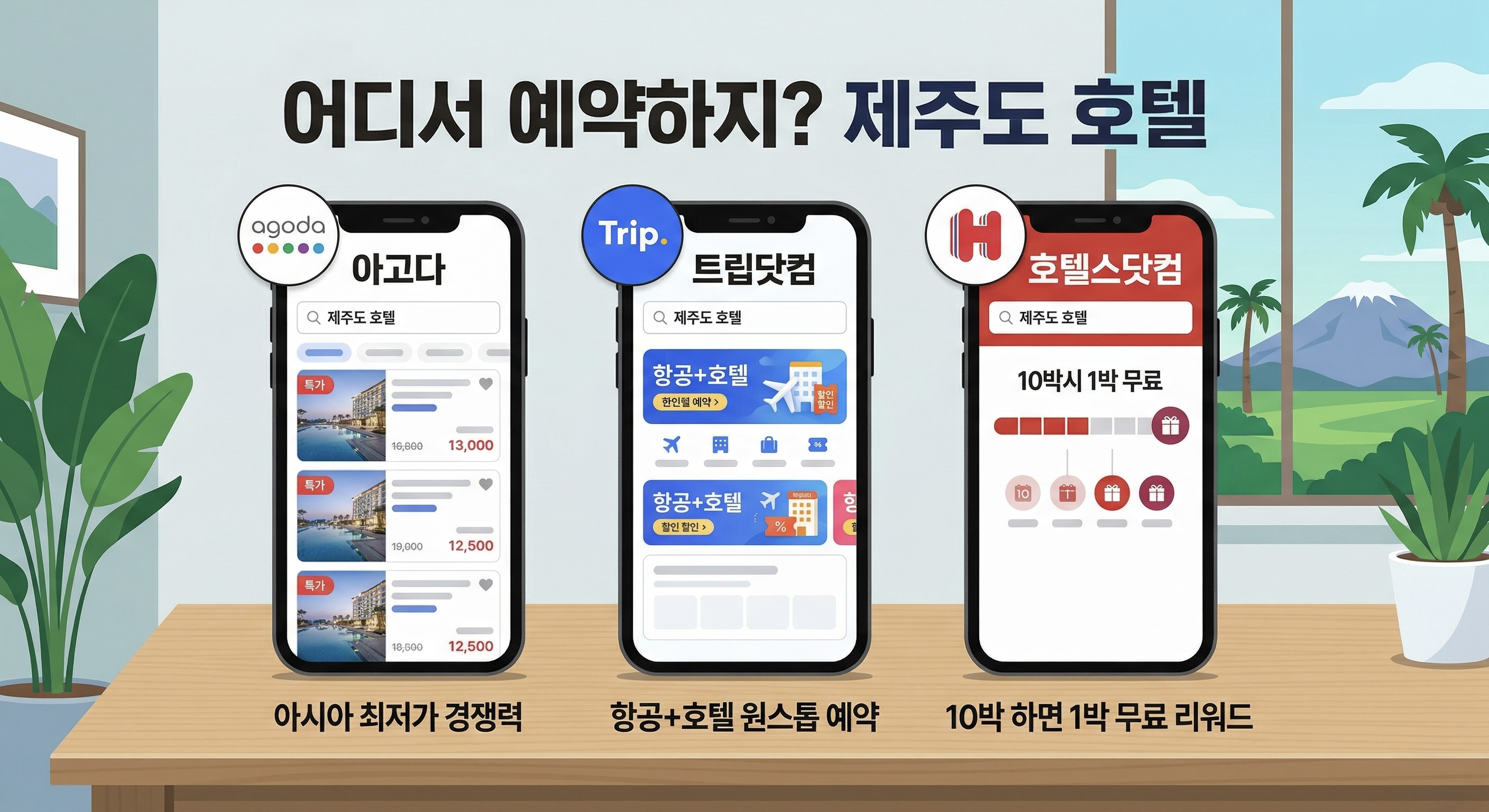 아고다 트립닷컴 호텔스닷컴 제주도 호텔 예약 앱 화면 비교