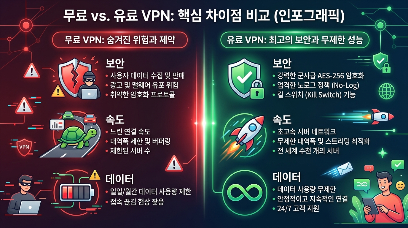 무료, 유료VPN 차이 비교 안전성 속도 정리