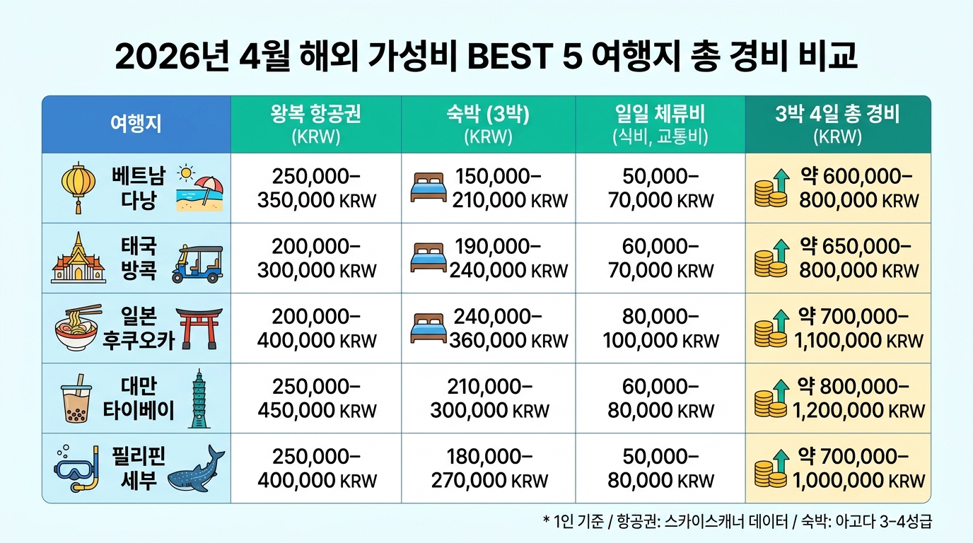 2026년 가성비 해외여행지 5곳 3박4일 총비용 비교 차트