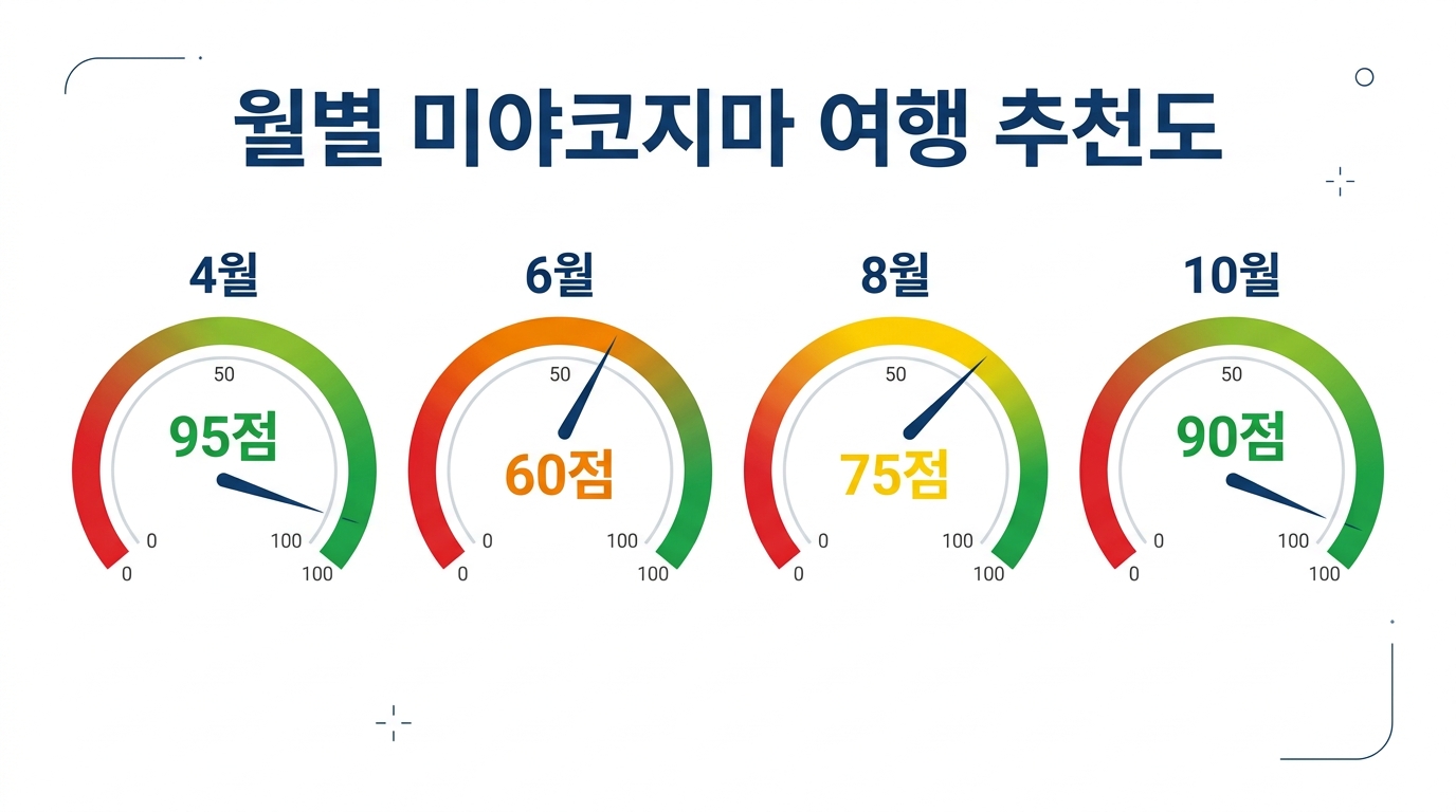 날씨, 비용, 혼잡도를 종합하여 4월부터 10월까지 미야코지마 여행 만족도를 점수로 나타낸 게이지 바