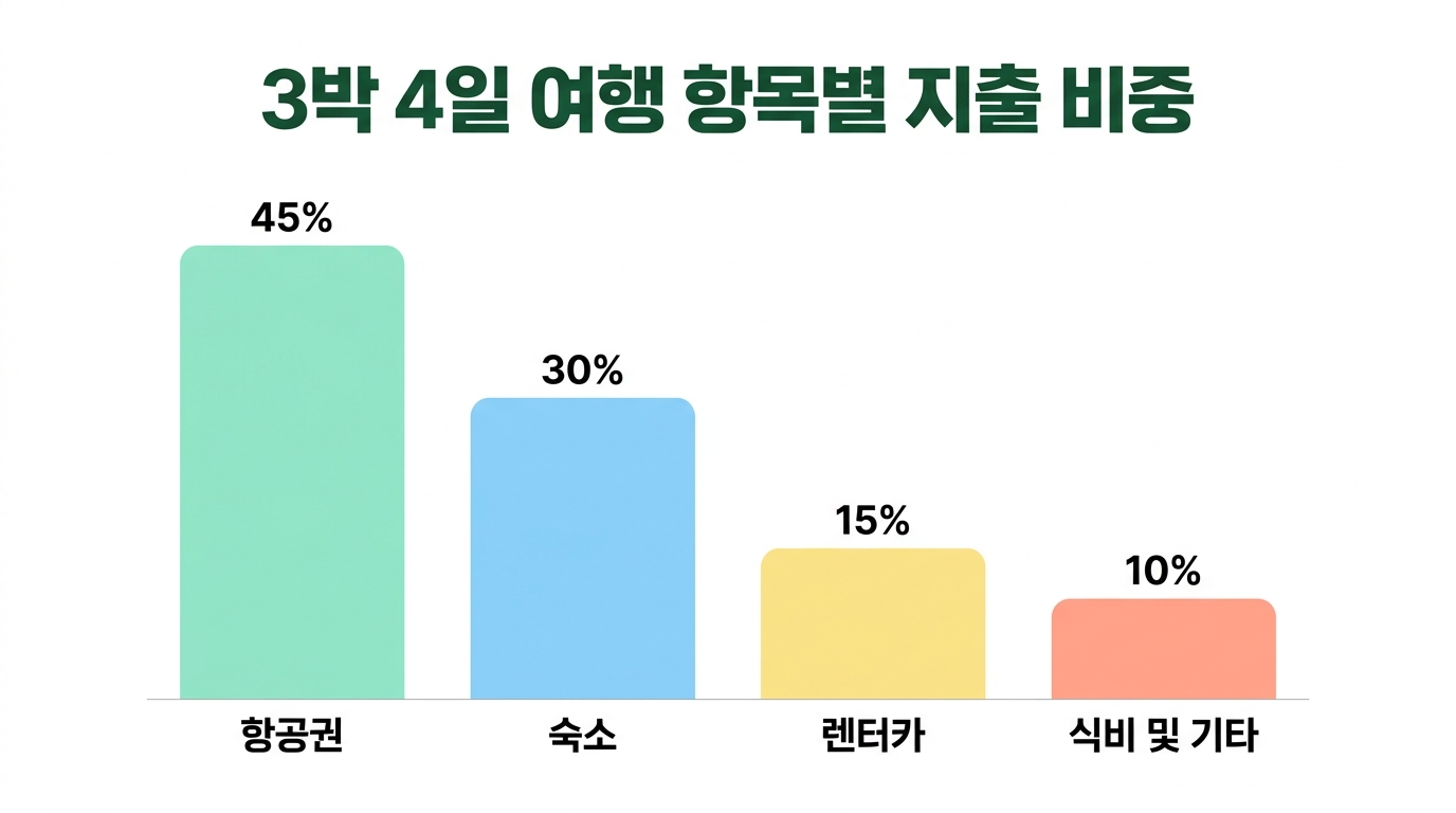 항공권, 숙박, 렌터카, 식비 등 미야코지마 3박 4일 자유여행의 주요 항목별 지출 비중을 비교