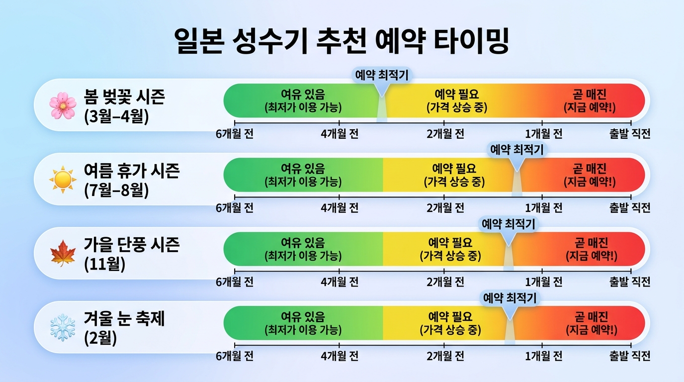 일본 여행 성수기(벚꽃, 여름, 단풍, 눈 축제)별 항공권 및 호텔 예약 권장 시점을 나타내는 게이지 바 차트