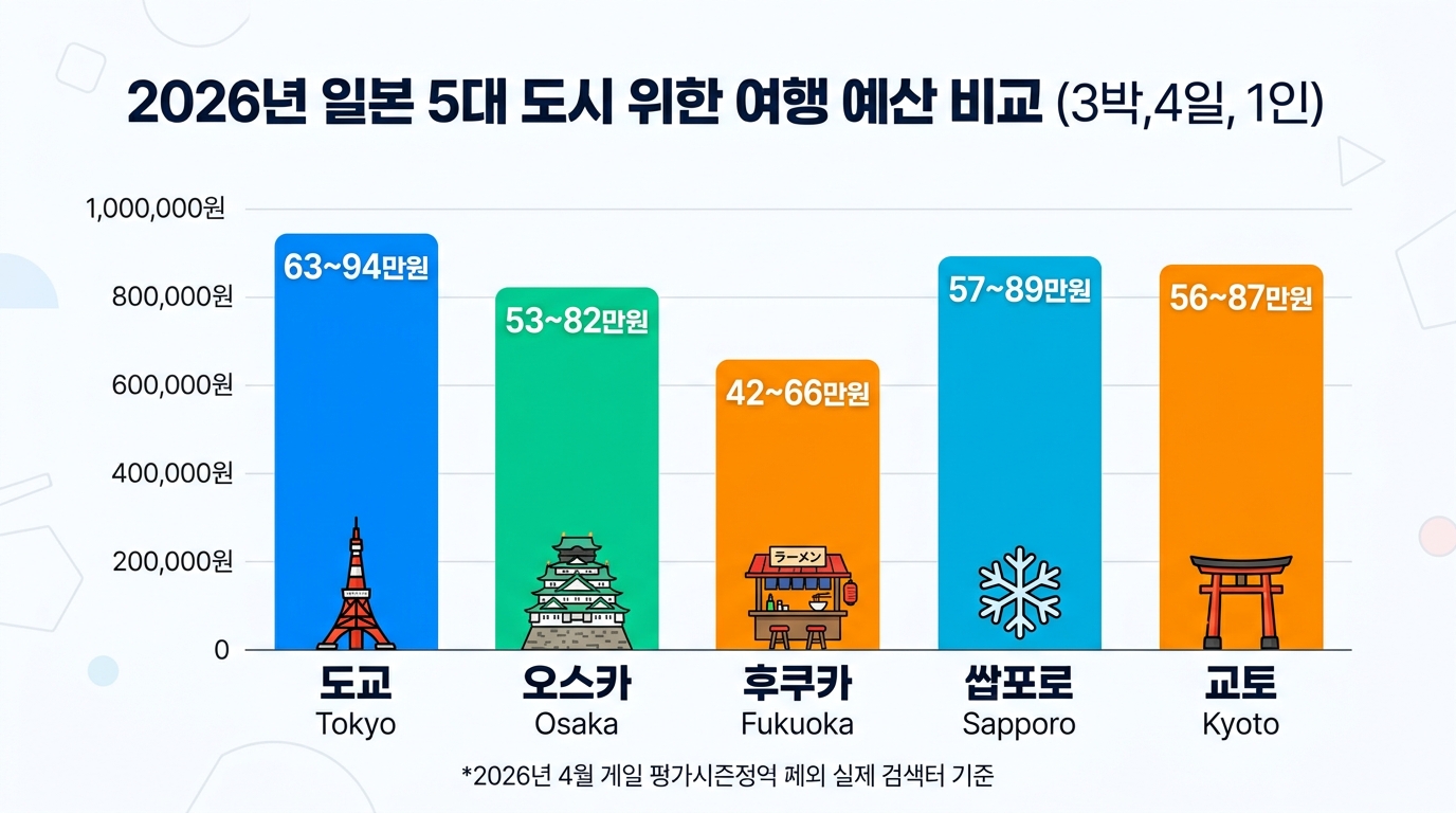 2026년 도쿄·오사카·후쿠오카·삿포로·교토 5개 도시 3박4일 1인 여행기준 총비용을 비교한 차트 