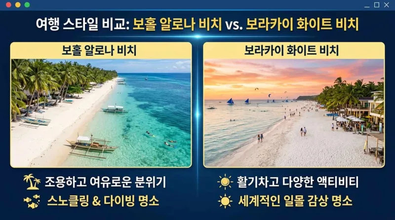 보홀 알로나비치 보라카이 화이트비치 여행 스타일 비교