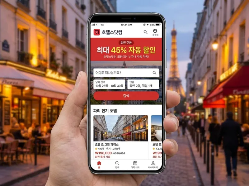 호텔스닷컴 회원 45% 자동 할인 배너