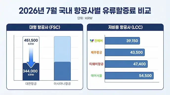 2026년 7월 항공사별 유류할증료 비교 대한항공 아시아나 제주항공 진에어 티웨이